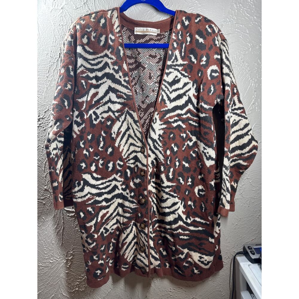 Delia McKain Sweater Cardigan Brown‎ Black Beige Print Vintage Made in USA Small